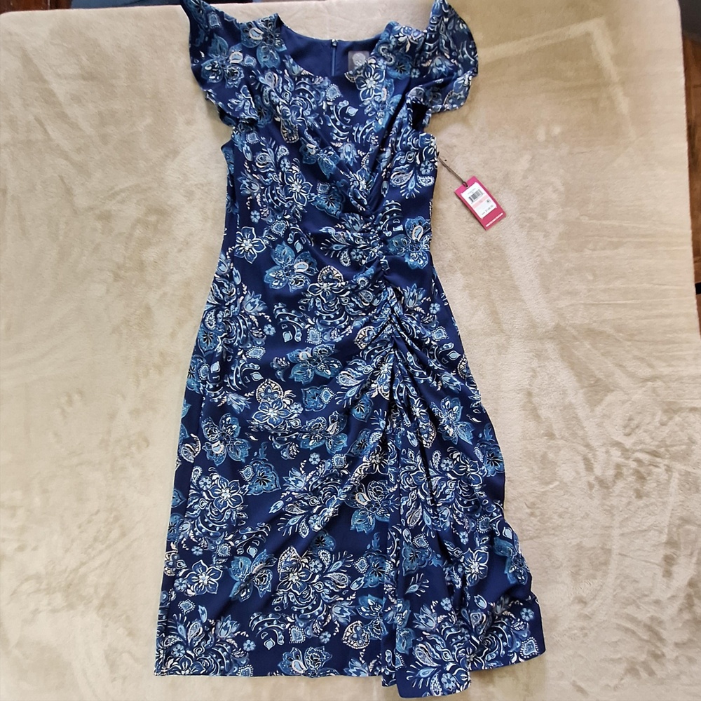 Vince Camuto Dress Womens 10 Blue Floral Wrap Sheath Flutter Sleeve Ruffle
